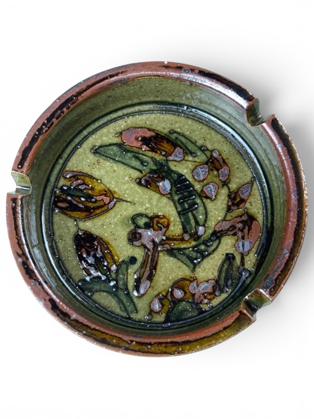 Vintage Otagiri‎ Japan Green Stoneware Floral Ashtray Trinket Dish MCM